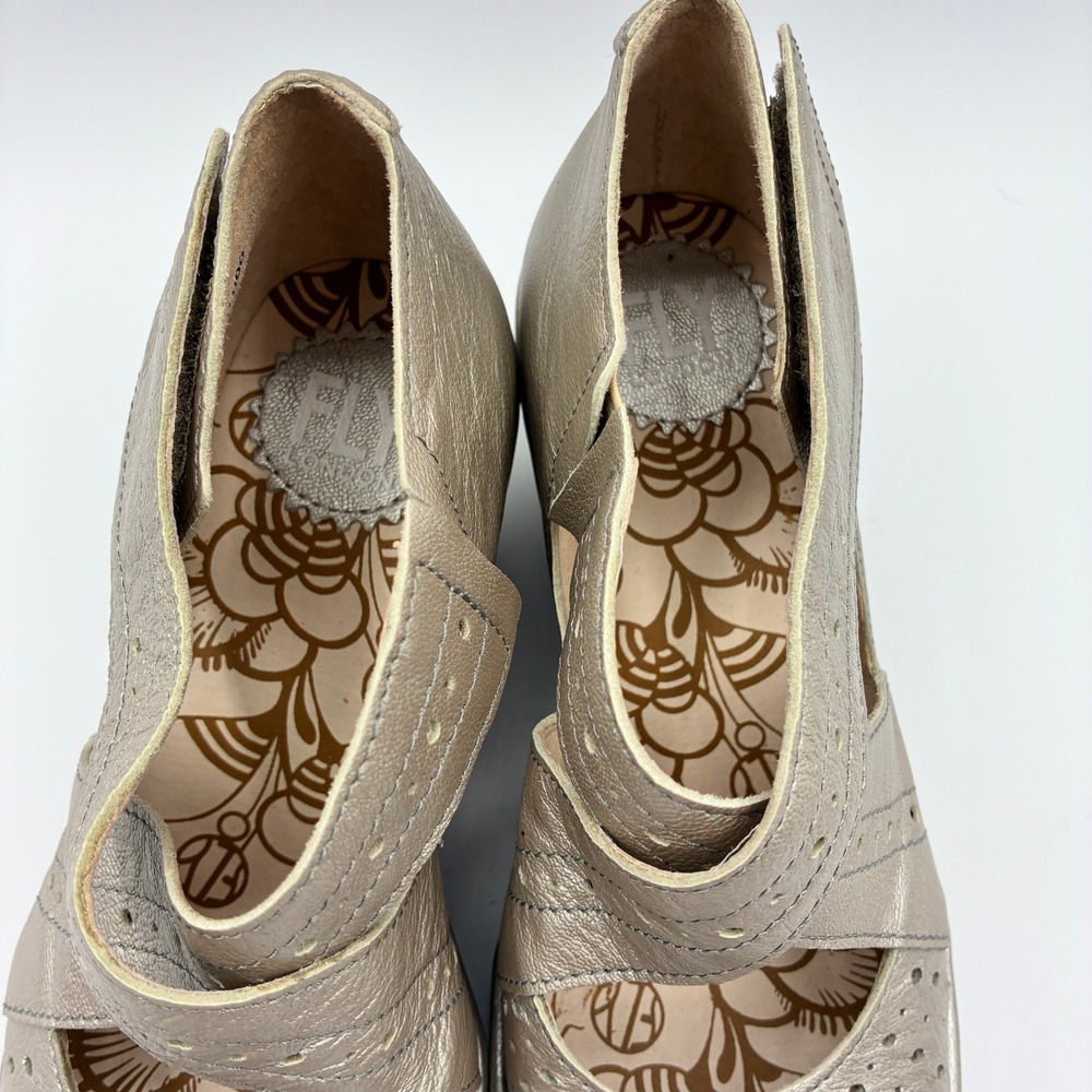 Fly London Yepe Wedge Sandals Womens 38 7.5-8 Gold Leather Perforated Mary Jane - Picture 10 of 15